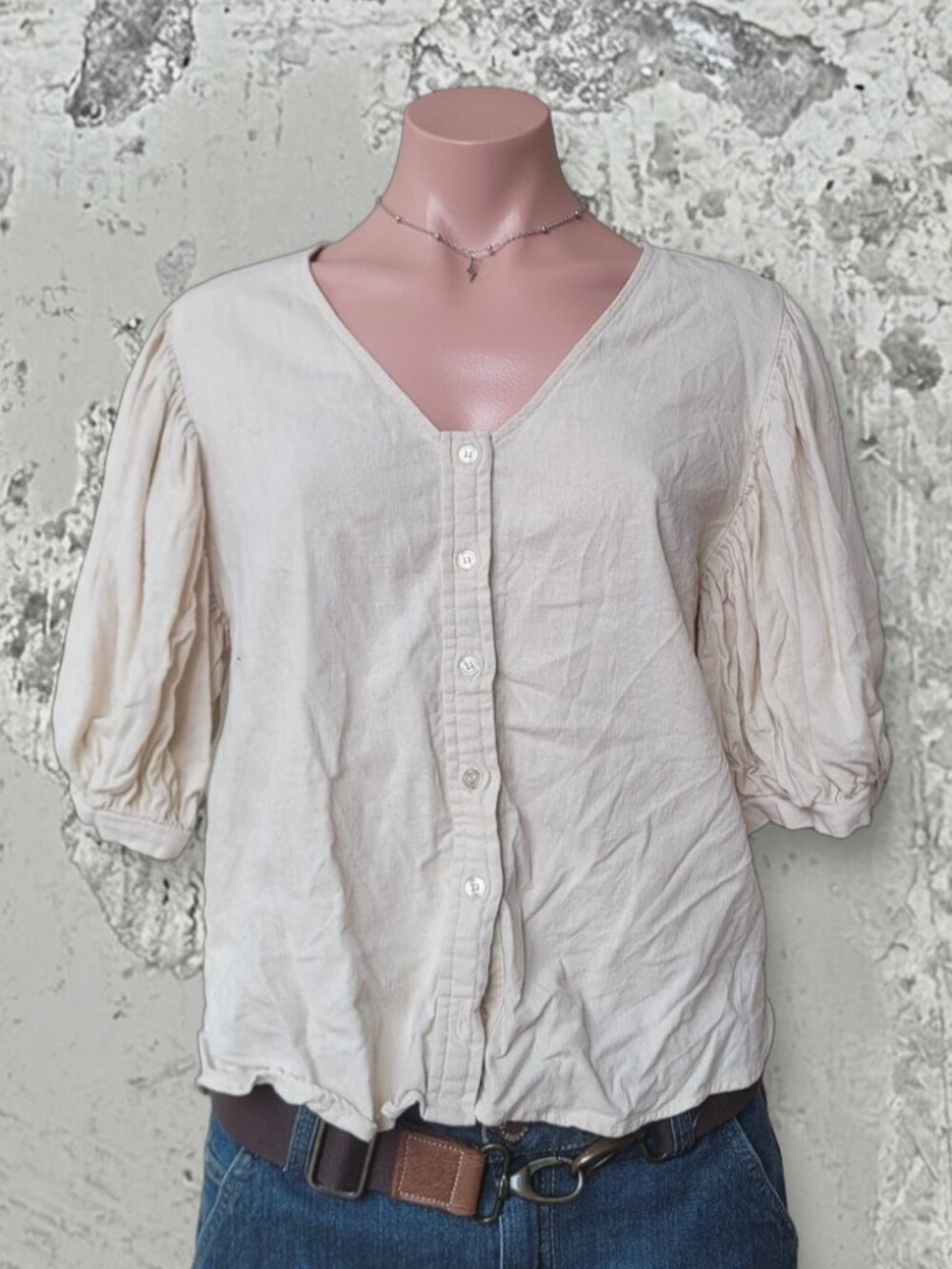 Versona Sand Beige Linen Blend Puff Short Sleeve Princess Blouse (M)